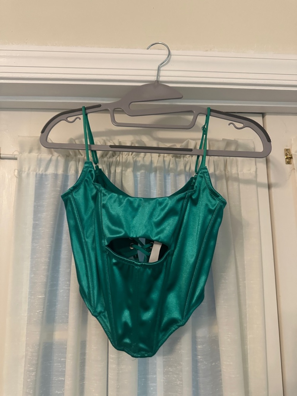 Urban Outfitters Emerald Green Satin Crop top with Lace-Up Front
